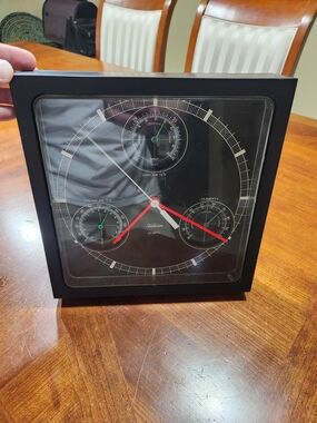 Vintage Sunbeam Black Analog Weather Station Clock with Red Hands